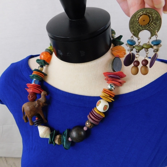 Tribal set, boho, elephant necklace, earrings - Picture 2 of 8